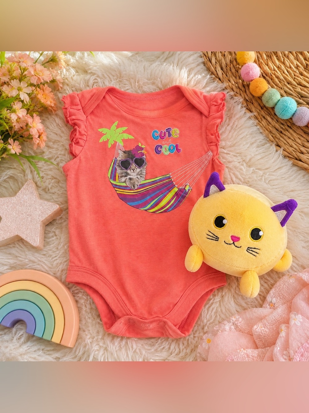 Garanimals 3-6M Kitten Bodysuit + Rare Yellow Cat Plush Set
